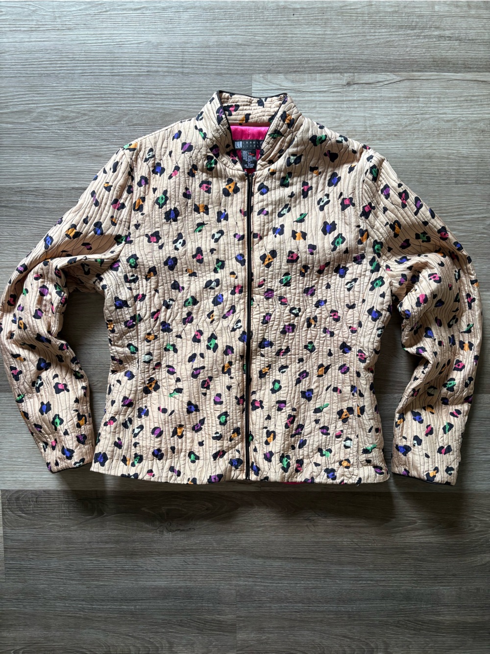 Carole Little Vintage 100% Silk Quilted Jacket Womens L 12-14 Leopard Fuchsia